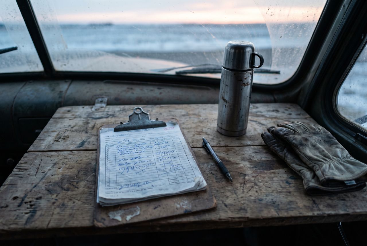 Planchette avec un bordereau rempli à la main, thermos et gants de travail dans une cabine, à l'aube