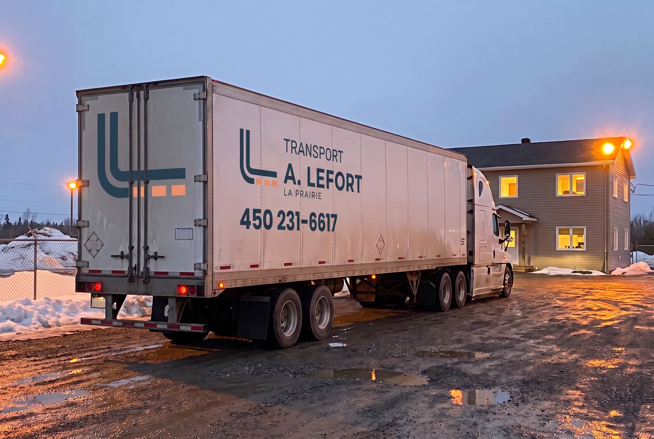 Remorque d'A. Lefort Transport vue de l'arrière dans une cour enneigée, bureau éclairé à la tombée de la nuit