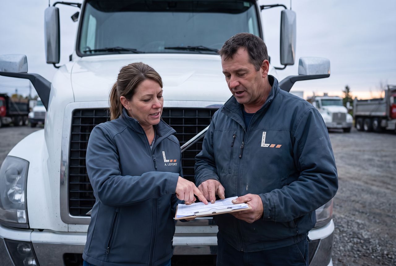 Deux chauffeurs vérifient un connaissement sur une planchette devant l'avant d'un tracteur